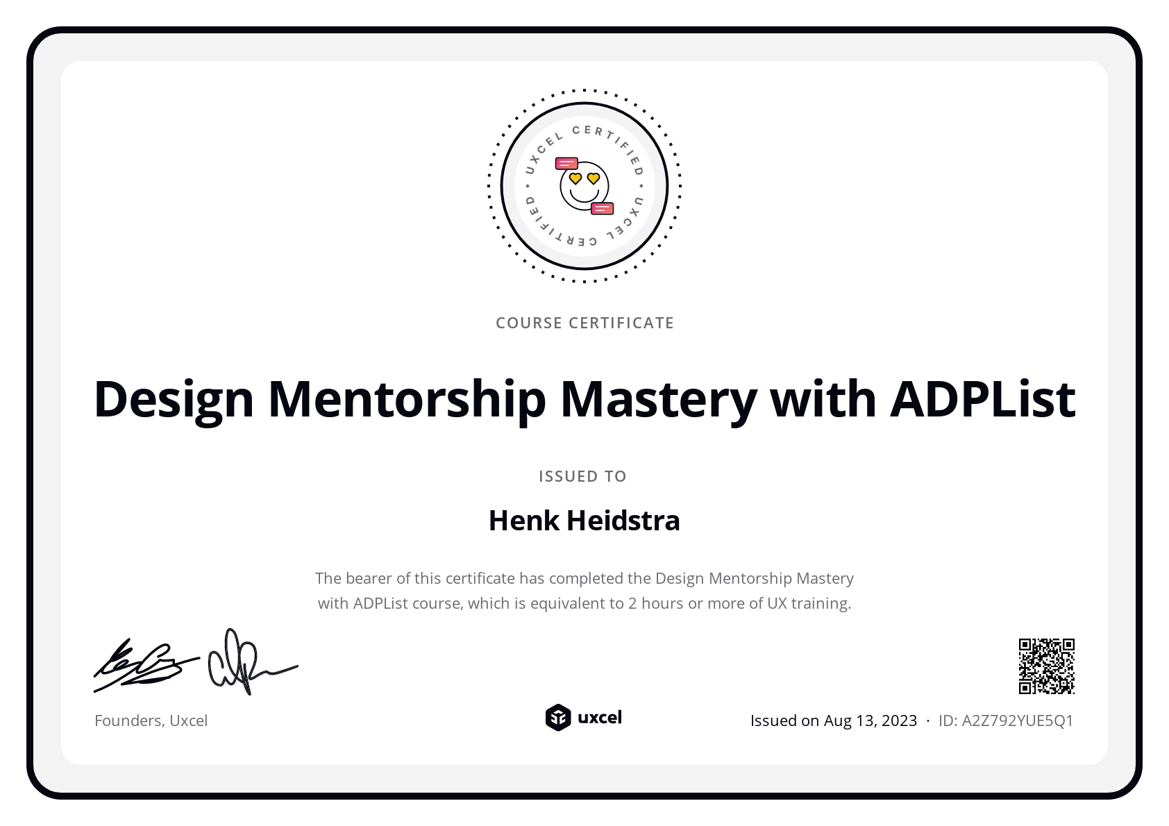 Henk Heidstra's certificate